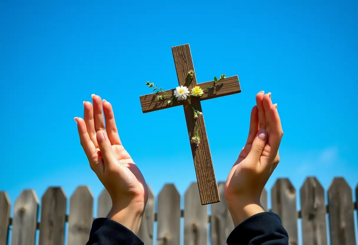 Des mains tenant une croix en bois ornée de fleurs dans un cadre champêtre