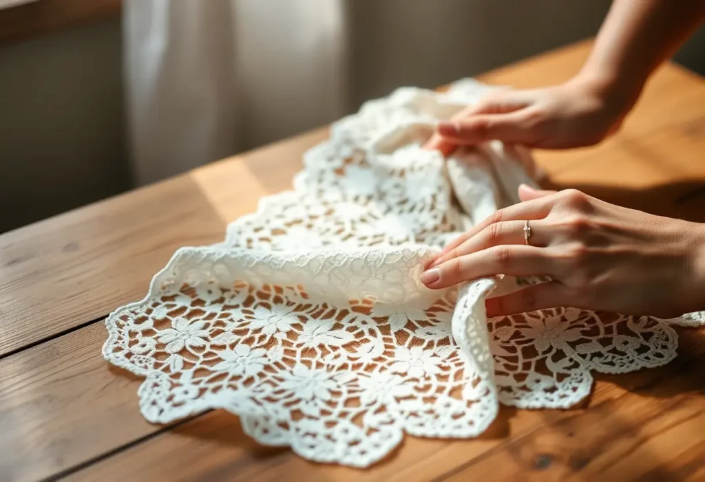 Une main féminine lisse un tissu en dentelle, symbolisant la douceur et l'élégance.