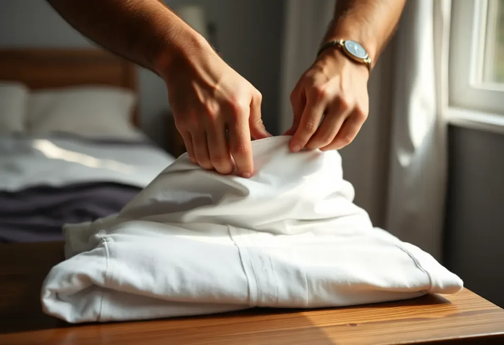 Main de l'homme pliant délicatement un caleçon en coton sur une commode, symbolisant le bien-être intime