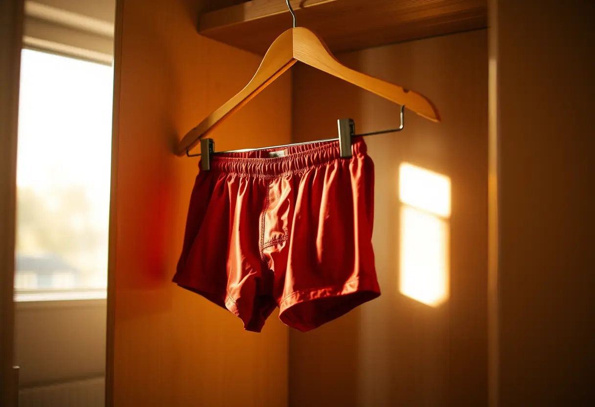 Porte-cinture en bois dans une garde-robe contenant un boxer rouge en soie, évoquant la douceur et le confort