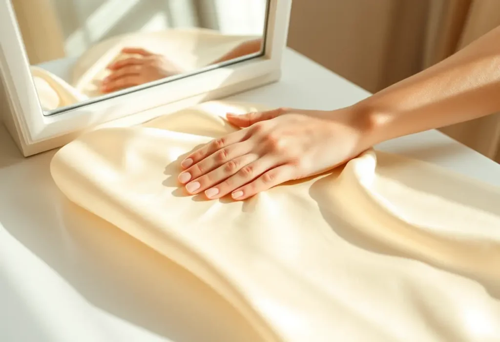 Une main féminine étalant un tissu de soie sur une coiffeuse, symbolisant la préparation pour la Saint-Valentin