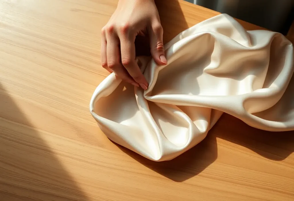 Une main féminine plie délicatement un tissu en soie en forme de cœur sur une table en bois, symbolisant l'amour et la tendresse.