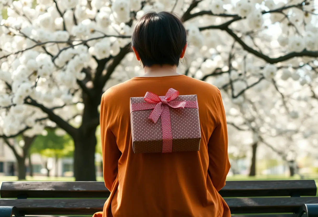Une silhouette féminine assise sur un banc de parc, tenant un cadeau emballé sur ses genoux, entourée d'arbres de cerisier en fleur, illustrant l'intimité et la complicité.