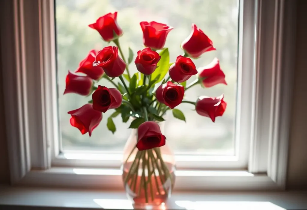 Un vase contenant douze roses rouges se trouve sur un rebord de fenêtre, baigné de lumière naturelle