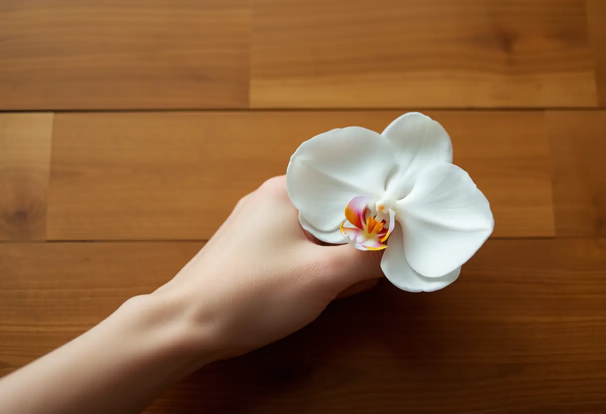 Une main tenant une orchidée blanche se repose sur une table en bois, mettant en valeur la pureté de la fleur