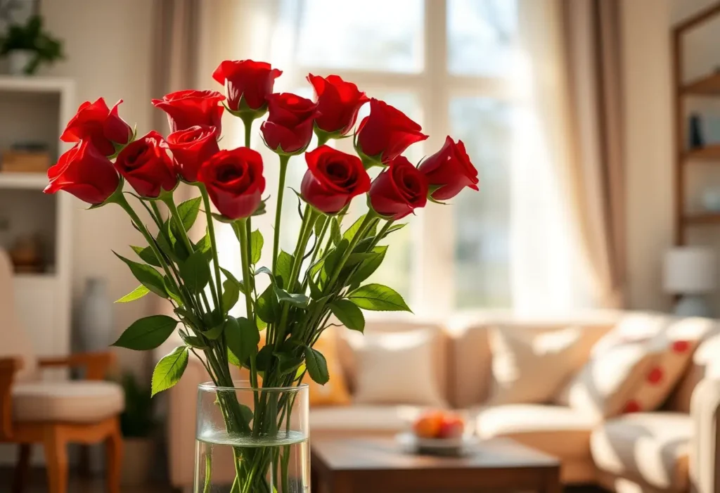 Un vase rempli de douze roses rouges dans un salon accueillant, rappelant l'amour profond et vrai.