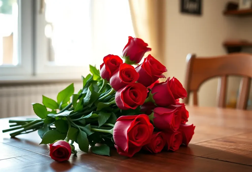 Un bouquet de roses rouges sur une table en bois, éclairées par la lumière du jour.