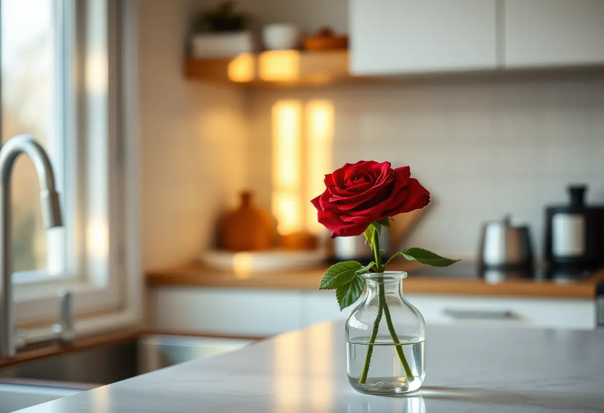 Une rose rouge dans un vase transparent sur un comptoir de cuisine, éclairée par la lumière du matin.