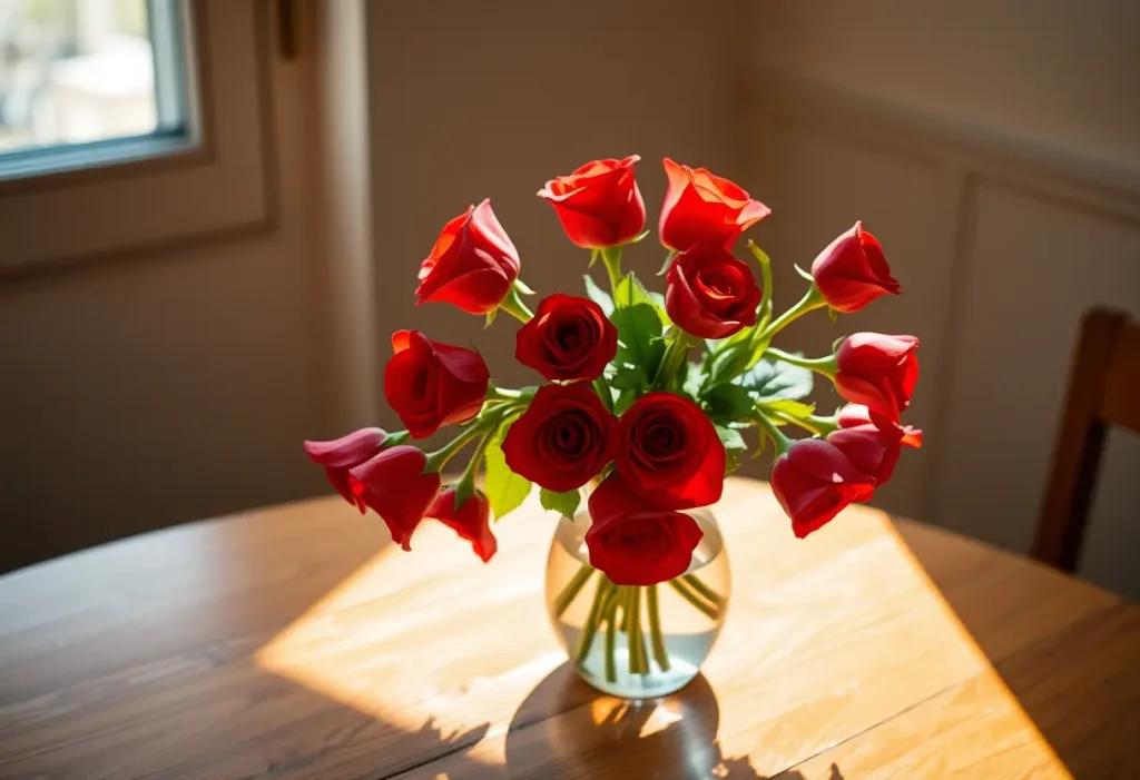 Une vasque remplie de roses rouges sur une table en bois, éclairées par la lumière du jour