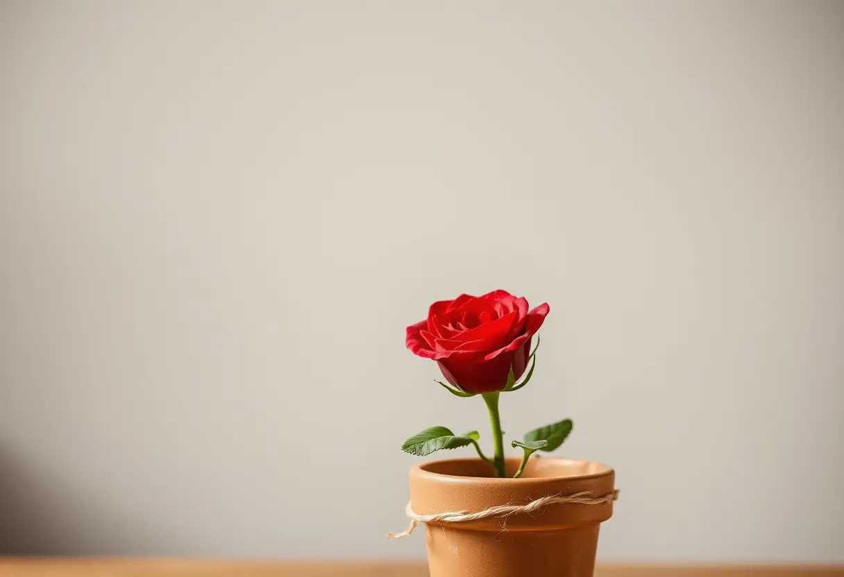 Une rose rouge isolée dans un pot en argile, son tige attachée avec du fil de lin, représentant une déclaration pure d'amour