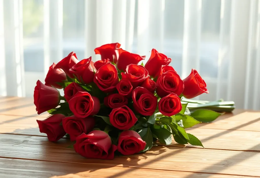 Bouquet de roses rouges sur une table en bois, lumière du matin qui filtre à travers des rideaux translucides