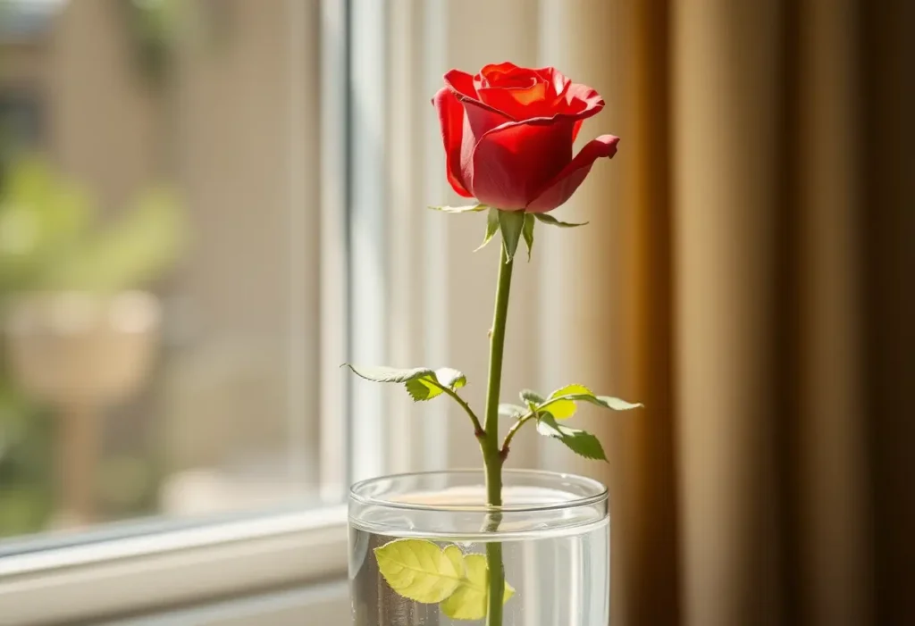 Une rose rouge seiche dans un vase rempli d'eau, symbolisant l'amour naissant