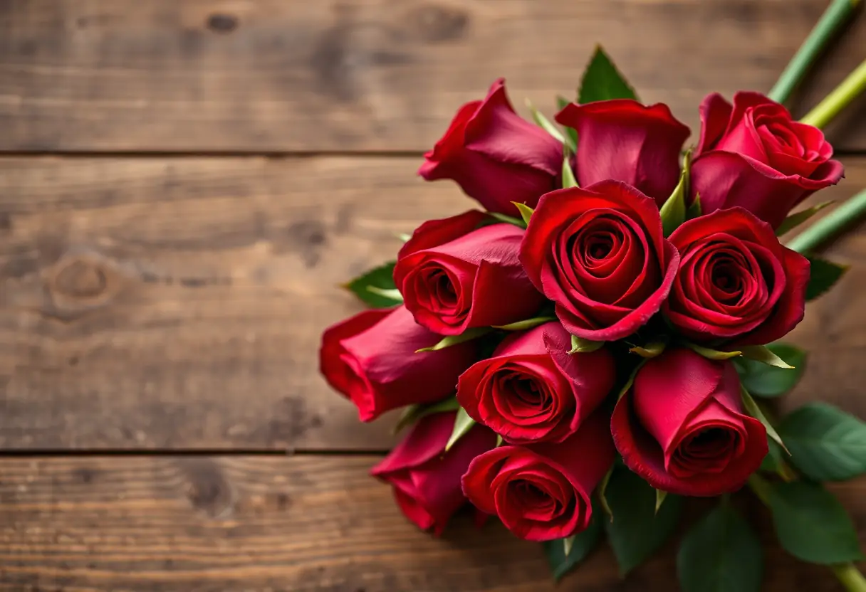 Un bouquet de sept roses rouges sur une table en bois, représentant un amour passionné