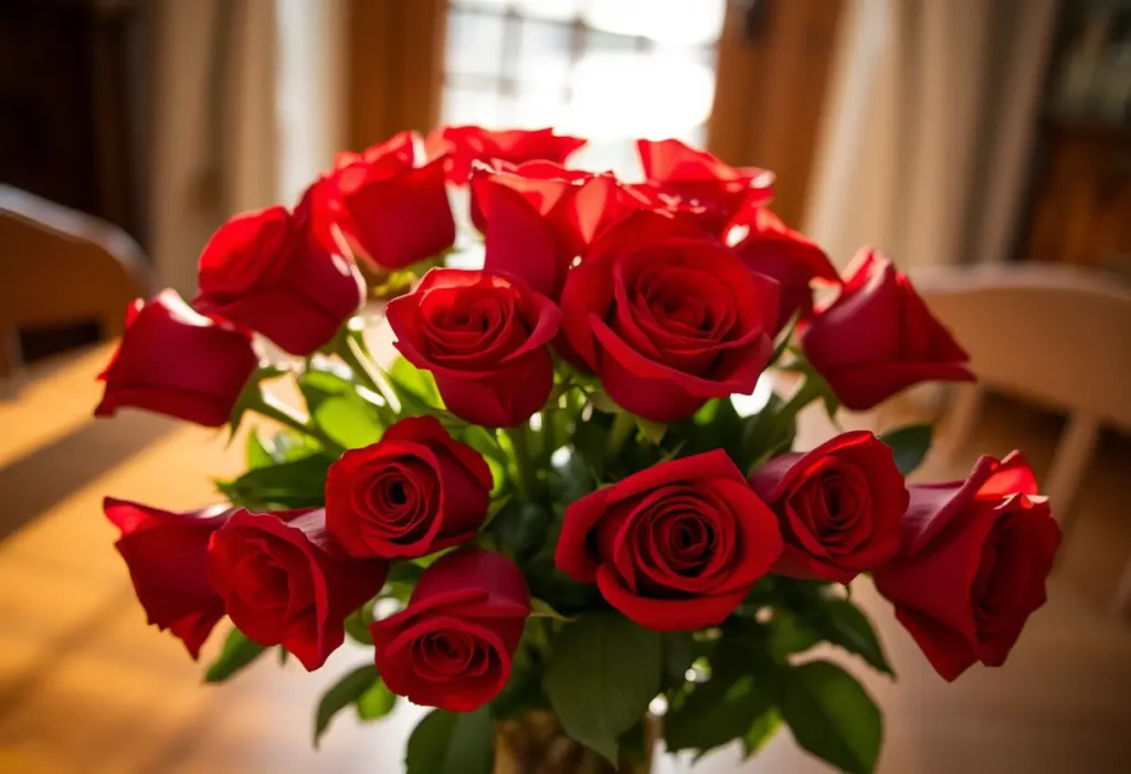 Un bouquet de douze roses rouges sur une table de cuisine au petit matin, mettant en valeur l'amour et l'engagement