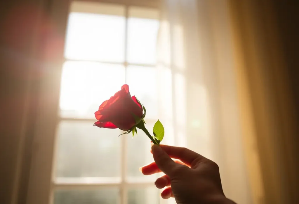 Main de femme tenant une rose rouge solo, lumière douce à travers une fenêtre, photojournalisme naturel