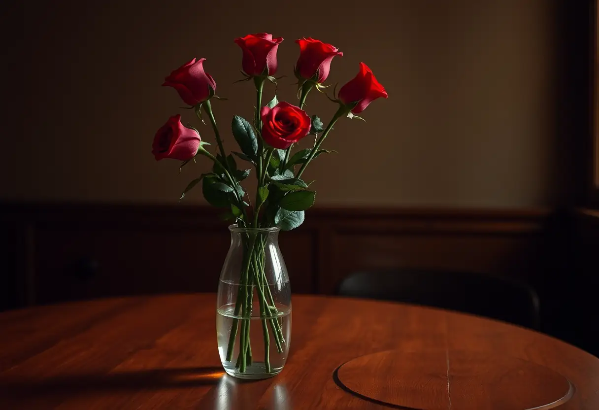 Vase rempli de neuf roses rouges sur une table en bois, éclairage chaleureux, photojournalisme naturel