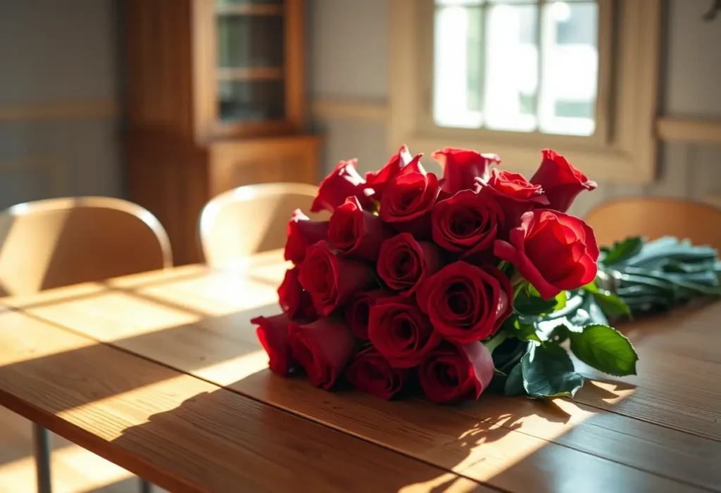 Bouquet de roses rouges sur une table en bois, lumière naturelle