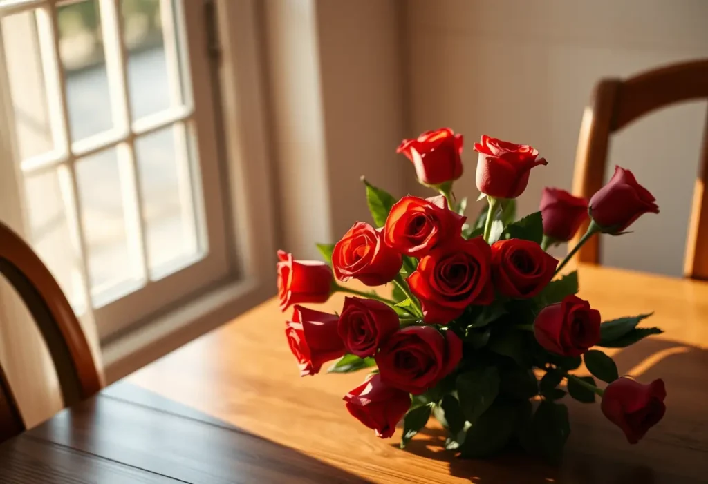Bouquet de roses rouges sur une table de cuisine, lumière du soir