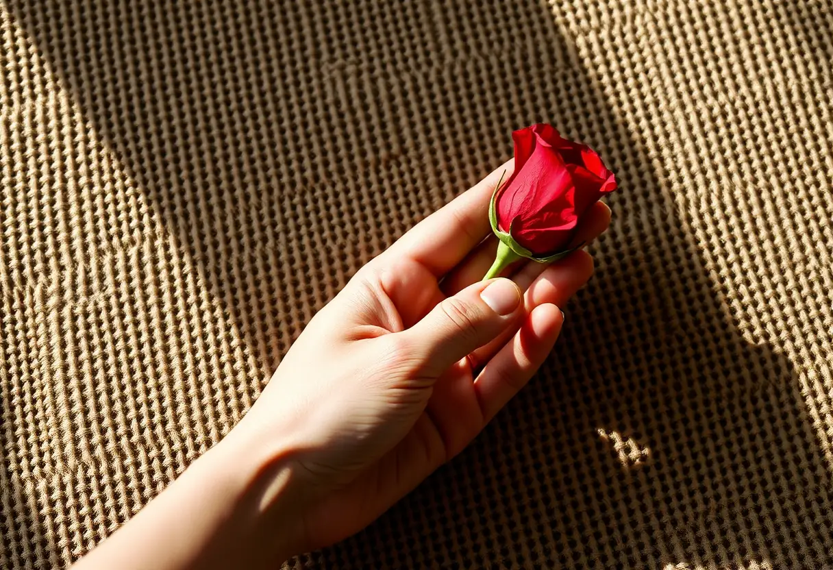 Main tenant une rose rouge, posée sur un tapis tissé