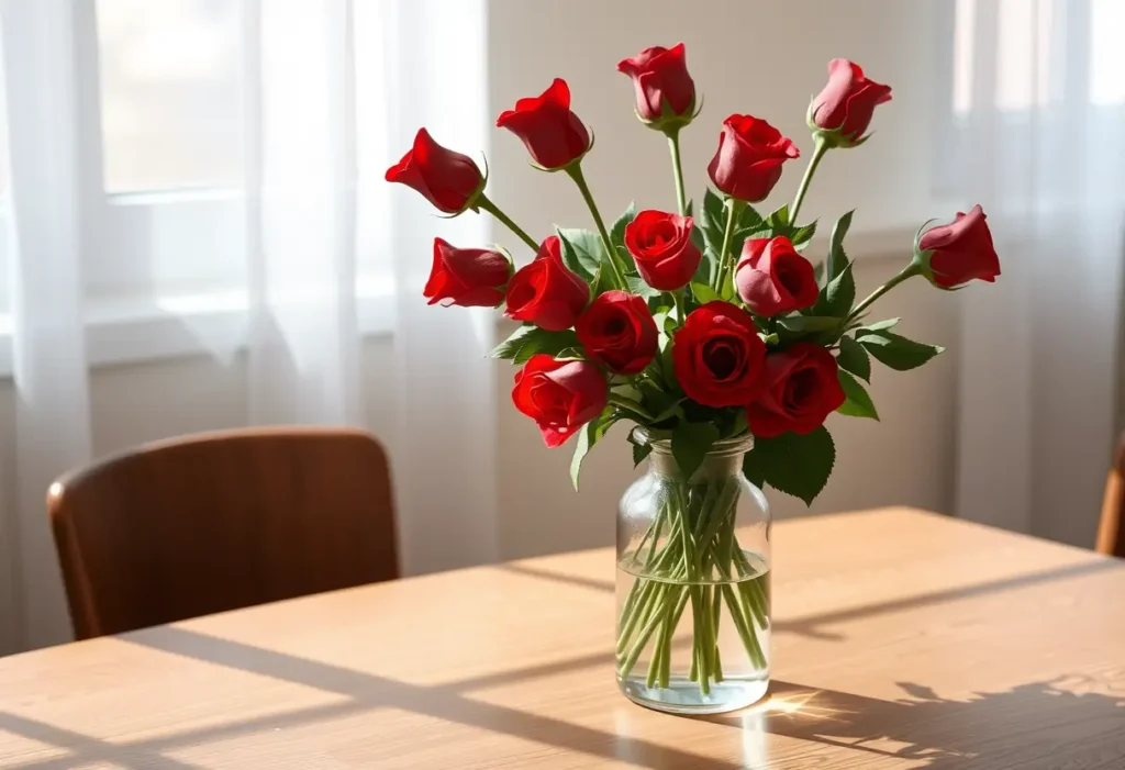 Un vase rempli de roses rouges sur une table en bois, lumière naturelle douce
