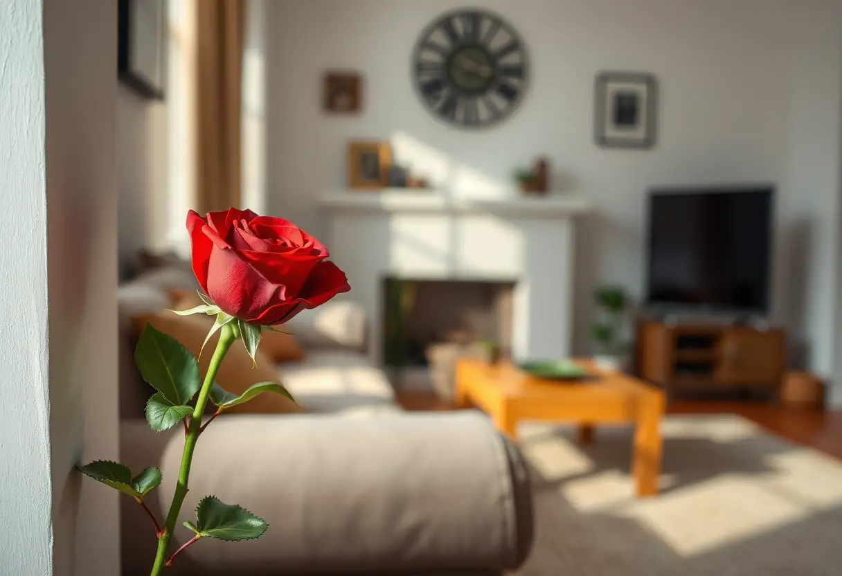 Une seule rose rouge posée contre un mur dans un salon chaleureux, évoquant la simplicité de l'amour