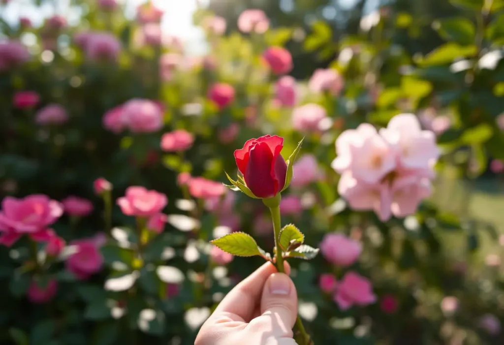 Une main tenant un bouton de rose rouge dans un jardin fleuri, lumière douce.