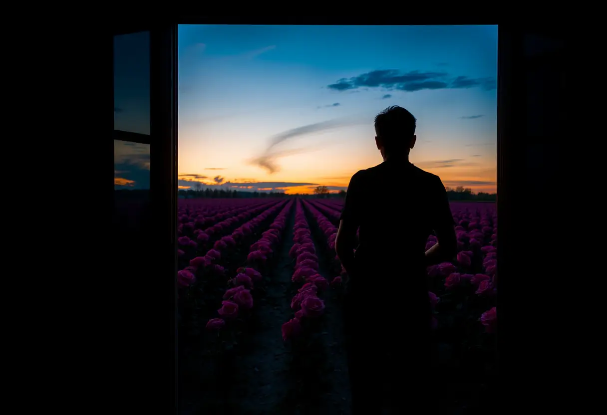 Un profil se découpe devant un champ de roses roses foncées qui s’étendent vers l’horizon, ciel orangé.