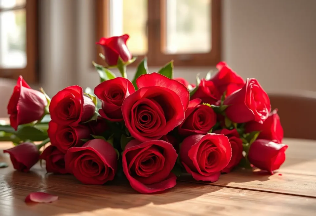 Bouquet de roses rouges sur une table en bois, lumière naturelle met en valeur les fleurs