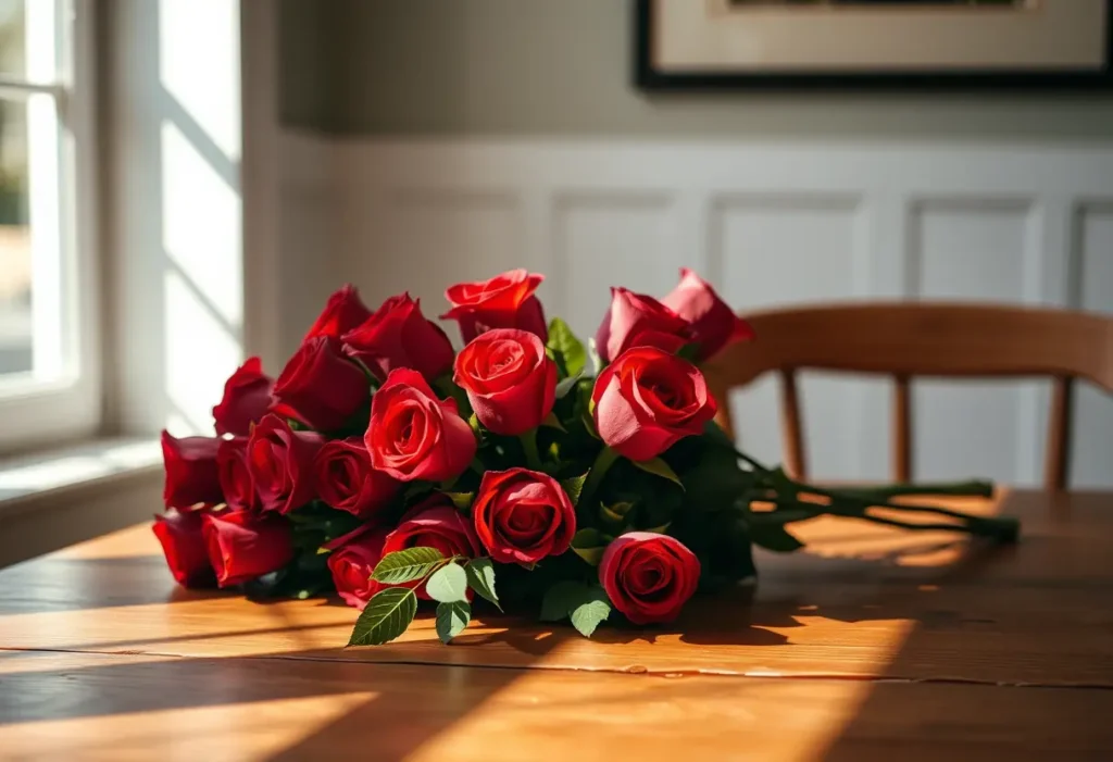 Bouquet de roses rouges sur une table en bois, lumière naturelle