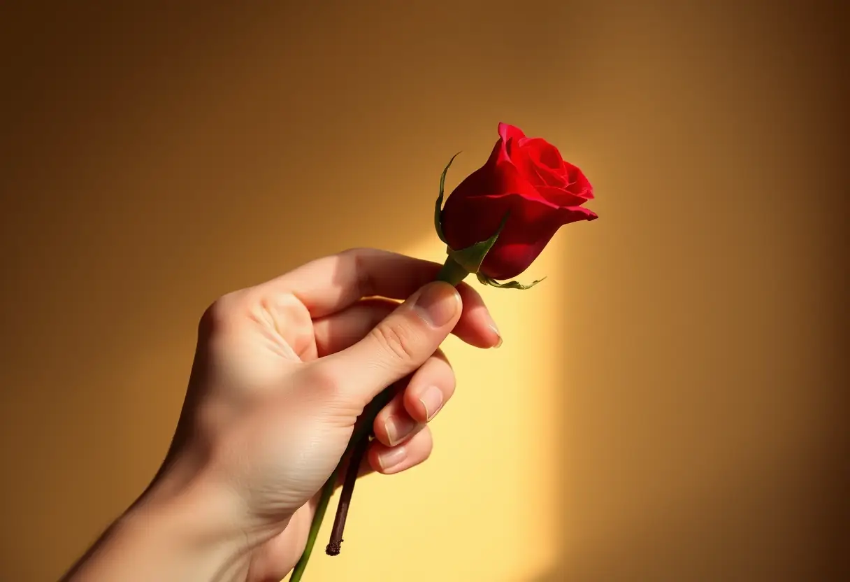 Main tenant une seule rose rouge, lumière douce