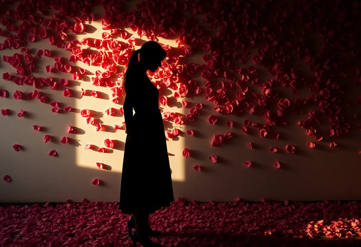 Silhouette d'une femme devant un mur couvert de pétales de roses, lumière du matin