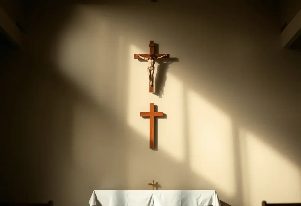 Dans une église sombre, un crucifix en bois se dresse au-dessus d'un autel blanc, baigné de lumière douce.