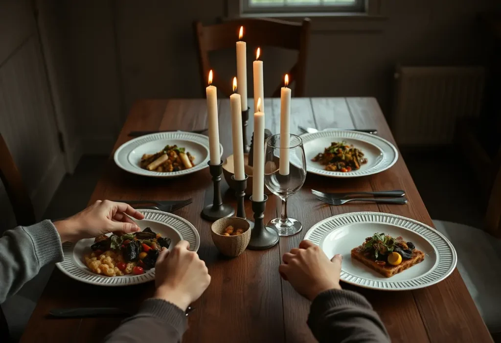 Un couvert romantique avec des bougies allumées sur une table en bois