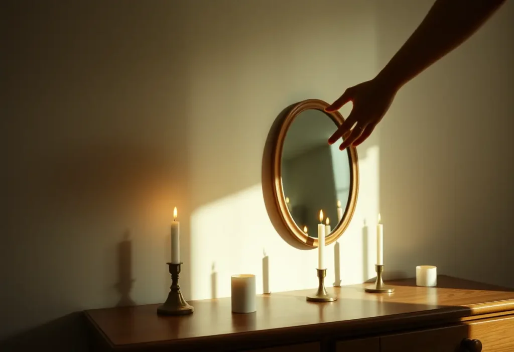 Une commode en bois éclairée par des bougies, reflétant la lumière sur un petit miroir ovale. Une main allume d'autres bougies pour une ambiance romantique