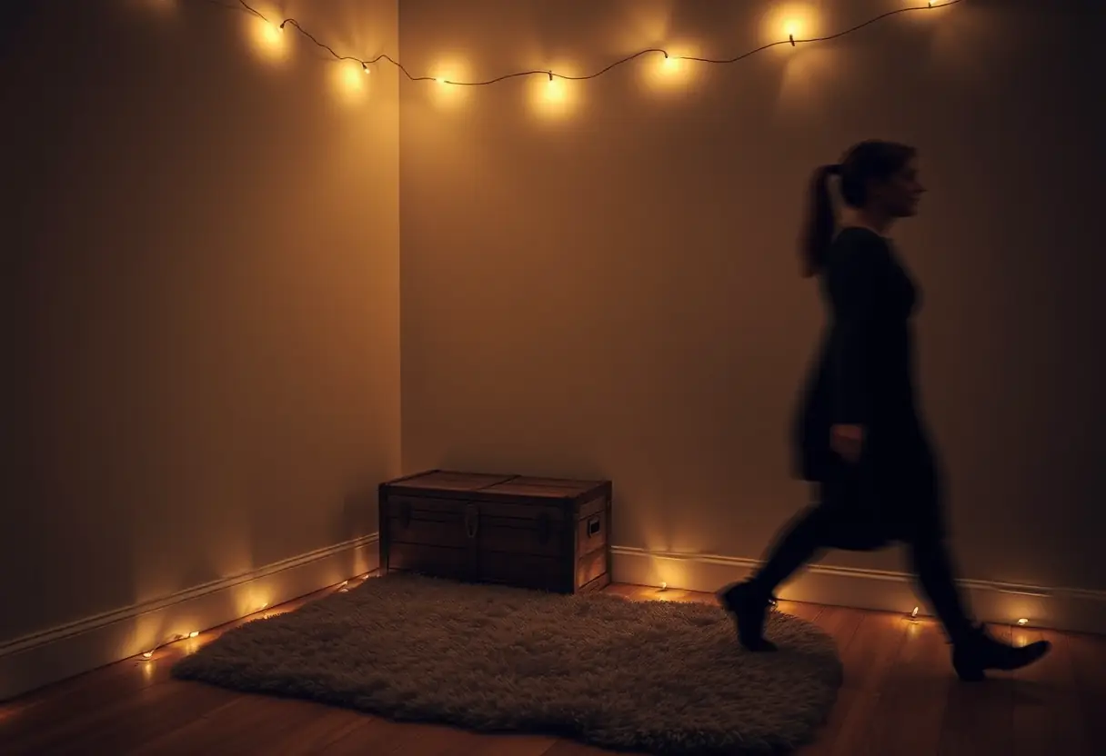 Un petit coffre en bois au coin de la pièce, posé sur un tapis moelleux, éclairé par des guirlandes lumineuses. Une silhouette passe près du décor romantique