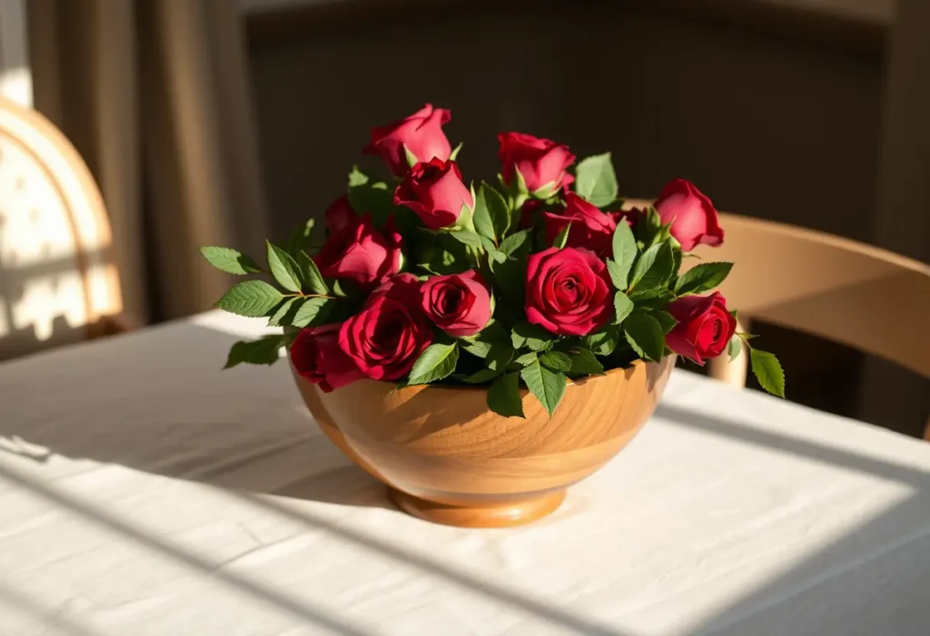Un bol en bois rempli de roses rouges sur une table