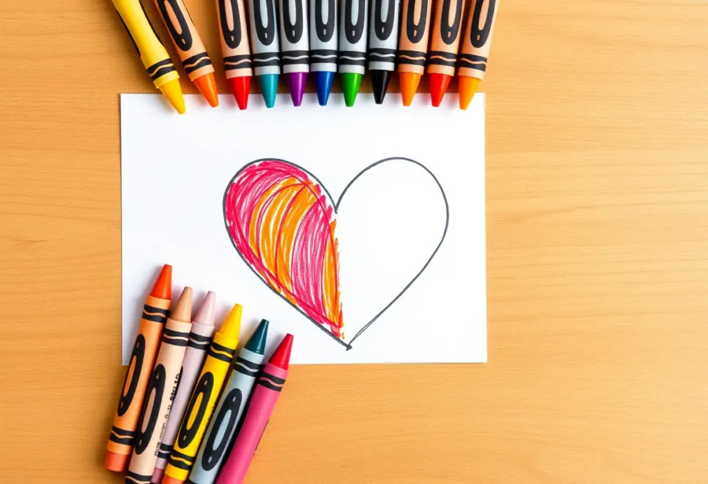 Un ensemble de craies disposées sur un bureau en bois, à côté d'un dessin de cœur partiellement coloré, illustrant l'étape de mise en couleur pour la Saint Valentin.
