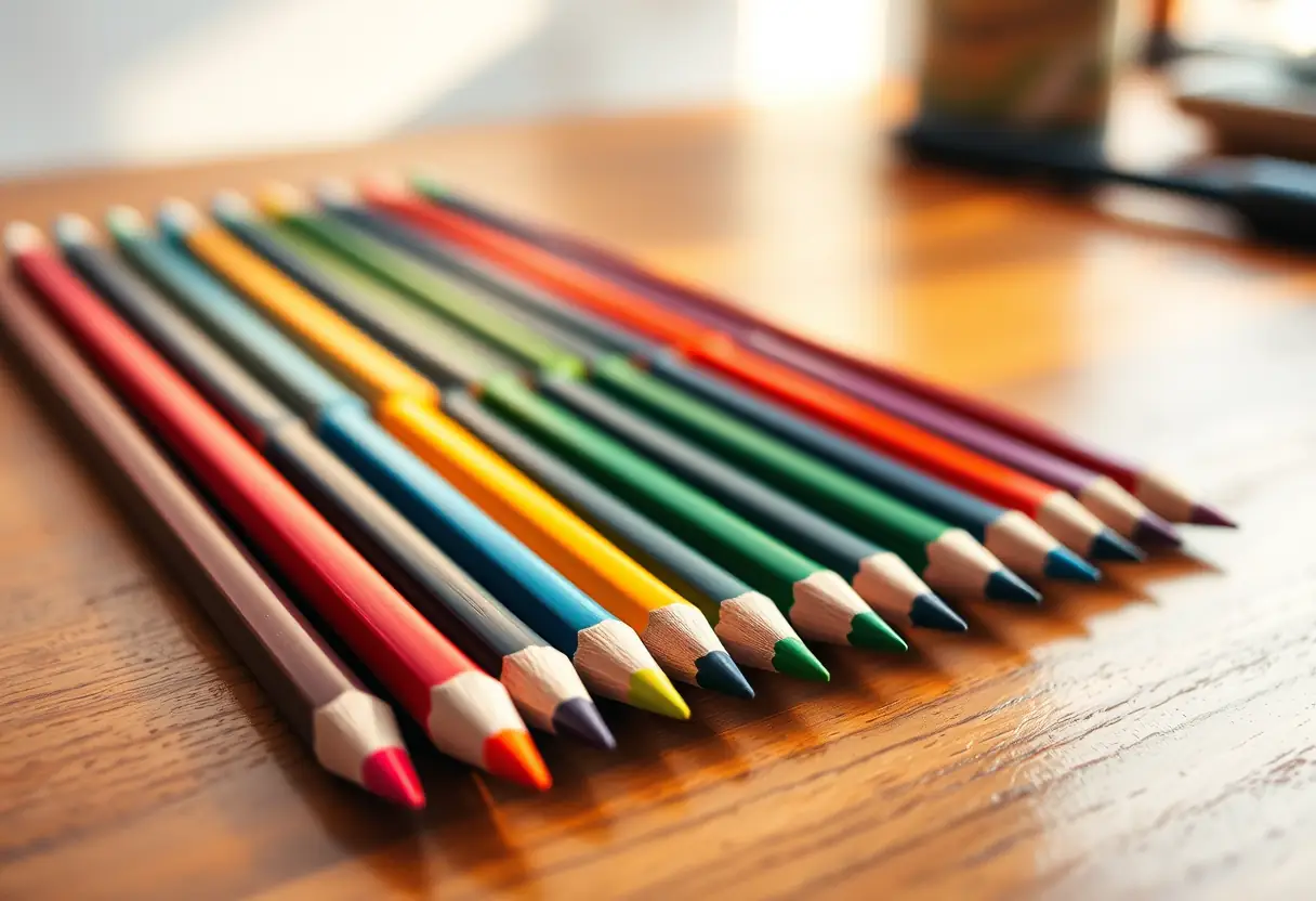Un ensemble de crayons de couleur disposés sur un bureau, soulignant la diversité des outils utilisés dans le dessin de la Saint Valentin