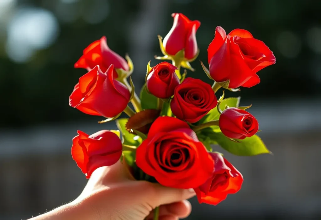 Une main tenant un bouquet de roses rouges, éclairées par une lumière douce, illustrant l'expression de l'amour pour la Saint-Valentin
