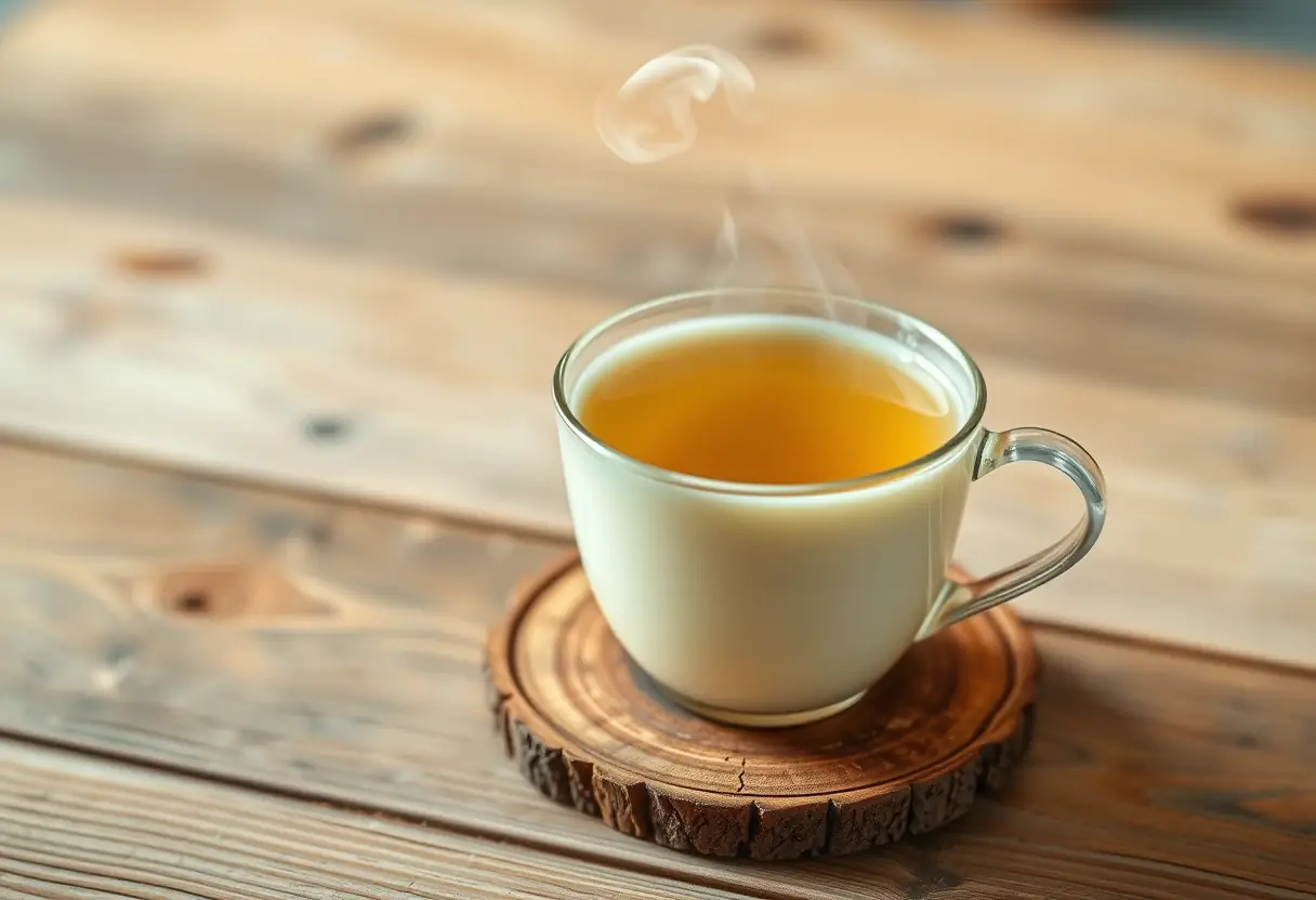 Une tasse de thé fumant posée sur un coquetier en bois rustique, évoquant la chaleur et le confort de partager des vœux sincères pour la Saint-Valentin