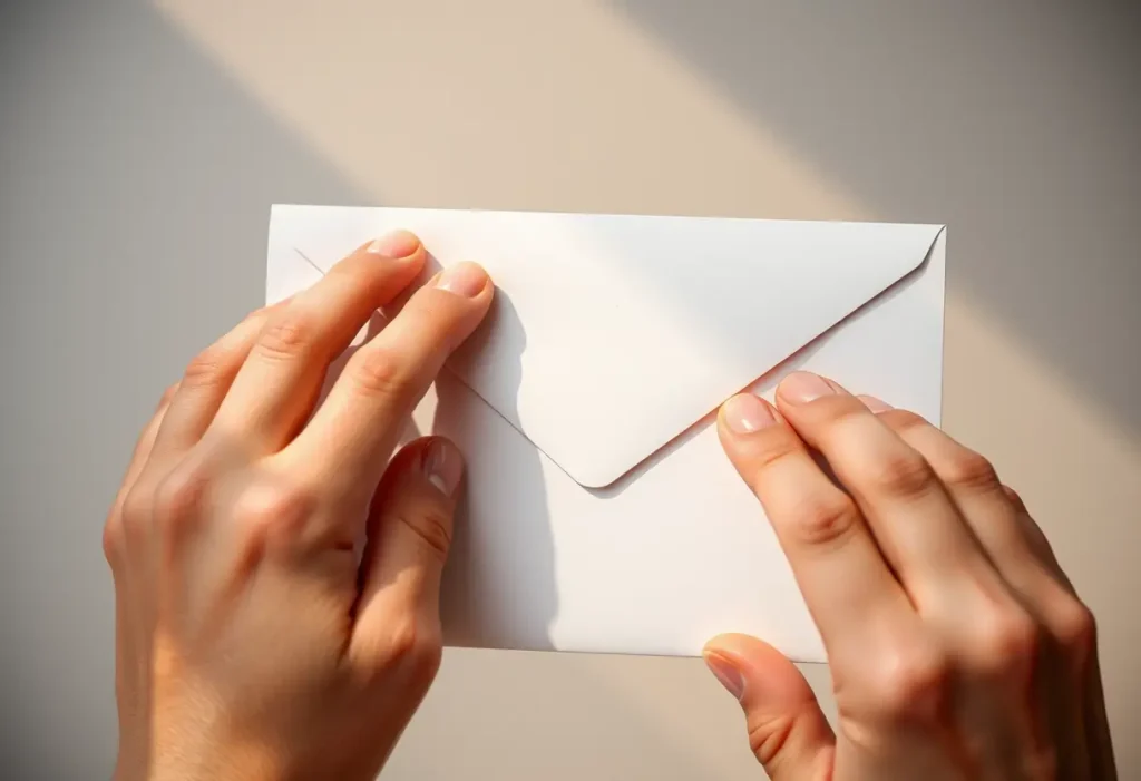 Des mains plient délicatement une enveloppe blanche au crépuscule