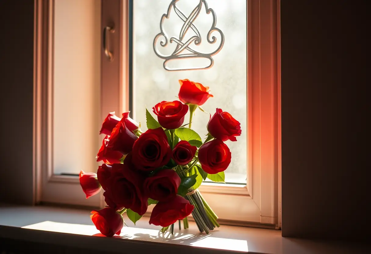Un bouquet de roses rouges sur un rebord de fenêtre, éclairées par la lumière du soleil.