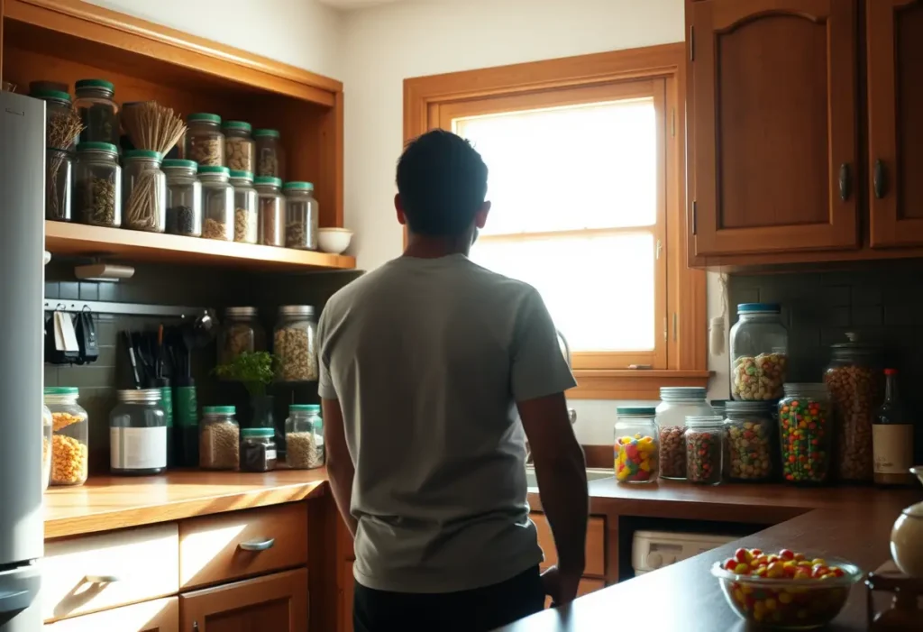Un profil de personne dans une cuisine avec des bocaux contenant des épices et des bonbons