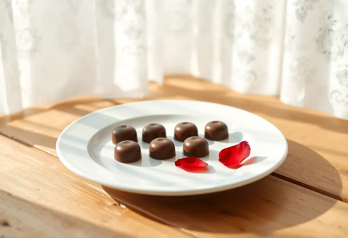 Des chocolats en forme de boules disposés sur une assiette blanche avec une pétale de rose rouge