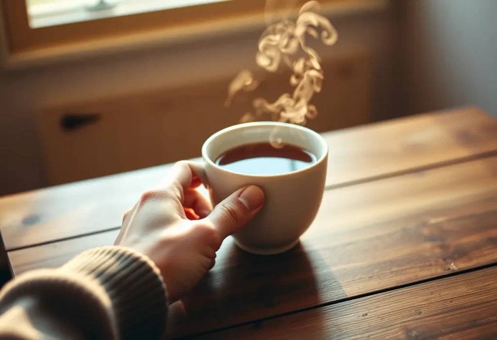 Une main tenant une tasse de thé fumant sur une table en bois, éclairée par la lumière du matin, symbolisant la réflexion et la sérénité nécessaire pour écrire une lettre de Saint-Valentin.