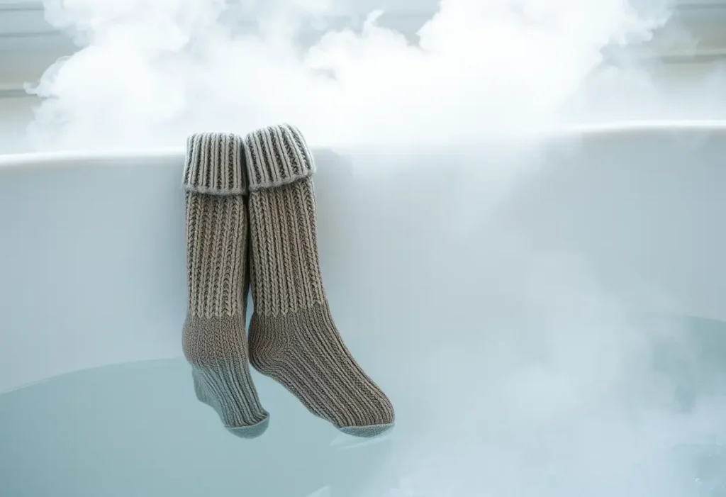 Des chaussettes en laine pendantes au bord d'une baignoire remplie d'eau chaude, vapeur légère monte, ambiance relaxante