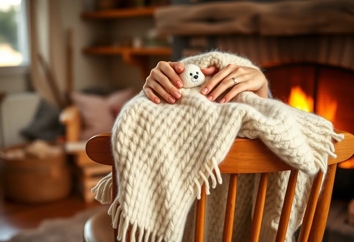 Des mains replient une couverture en laine sur un fauteuil dans un salon accueillant, lumiere du feu donne une teinte dorée, ambiance chaleureuse
