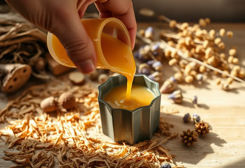 Une main qui fabrique une bougie parfumée maison, en train de verser de la cire d'abeille fondue dans un moule, entourée de matériaux naturels comme copeaux de bois et fleurs sèches, lumière tamisée naturelle