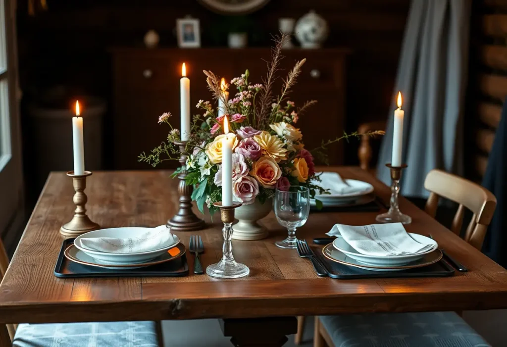 Un magnifique repas romantique avec bougies et fleurs sur une table