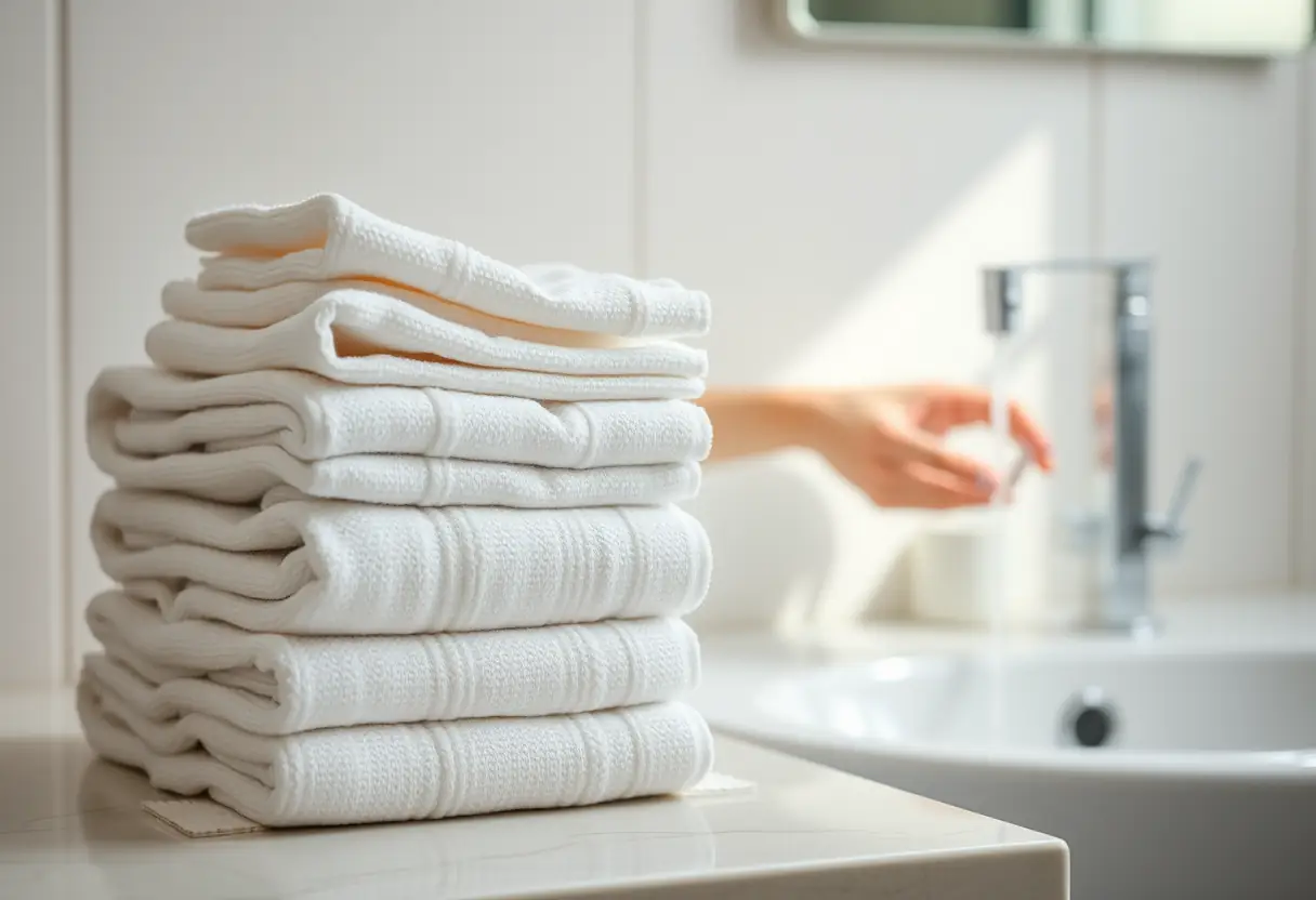Des serviettes de mains soigneusement pliées près d'un lavabo, signe d'attention au quotidien